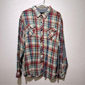 AKOO Long Sleeve Mens Plaid Button Up Shirt 3XL Reinforced Elbow Design